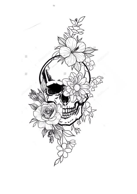 Dark Girly Tattoo Ideas, Skull Flower Tattoo Thigh, Skeleton With Roses Tattoo, Leg Skull Tattoos Women, Skull Tattoo Leg Woman, Back Skull Tattoo Women, Simple Skull And Flower Tattoo, Skull Shin Tattoos For Women, Arm Tattoos For Women Skull