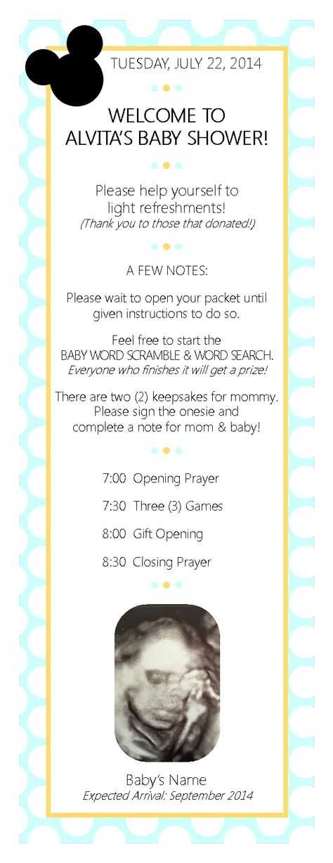 Baby Shower - Welcome & Agenda Card (Theme: Baby Mickey) Baby Shower Itinerary Ideas, Baby Shower Program Ideas, Baby Shower Program Template, Classic Disney Baby Shower Ideas, Baby Shower Agenda Timeline, Baby Shower Itinerary, Baby Shower Agenda, Disneyland Baby Shower Invitations, Baby Shower Program