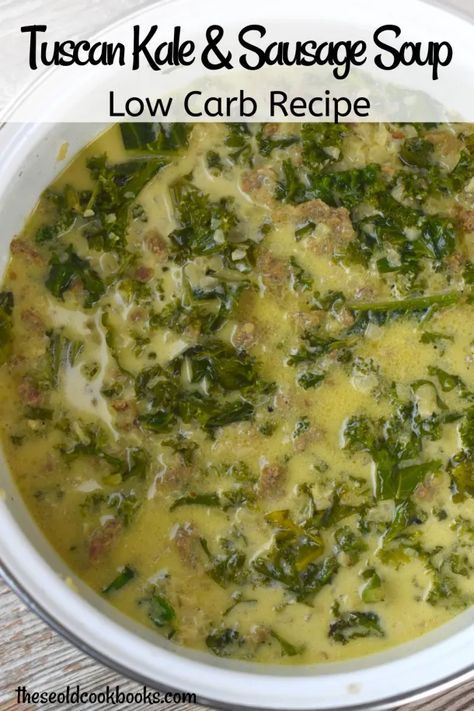 Low Carb Tuscan Kale Soup Recipe - These Old Cookbooks Tuscan Kale Soup, Keto Zuppa Toscana, Cauliflower And Kale, Keto Zuppa, Dinner Ideas Low Carb, Recipe With Rice, Lunch Soup, Rice Cauliflower, Kale Soup Recipes