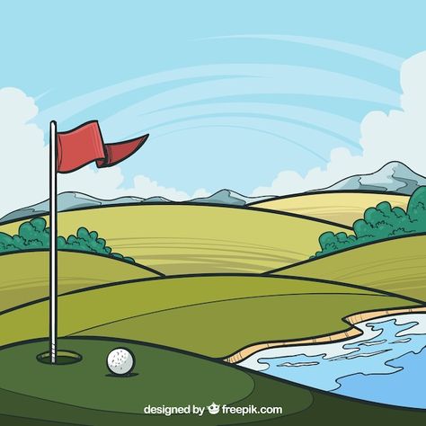 Free vector golf course background in ha... | Free Vector #Freepik #freevector #golf-flag #golf-hole #golf-background #golf-course Cartoon Golf Course, Golf Cartoon Drawing, Golf Artwork Illustrations, Golf Drawing Easy, Golf Animation, Golf Course Drawing, Golf Backgrounds, Golf Silhouette, Golf Illustration