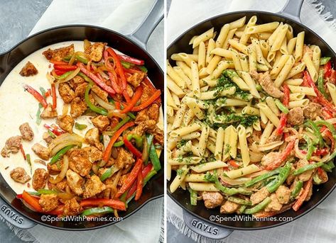 Creamy Chicken Fajita Pasta {One Pot Meal} - Spend With Pennies Creamy Fajita Chicken, One Pot Fajita Pasta, Chicken Fajita Pasta Bake, Healthy Chicken Fajita Pasta, Creamy Fajita Chicken Pasta, Fajita Sauce, Chicken Fajita Pasta, Leftover Steak, Homemade Fajita Seasoning