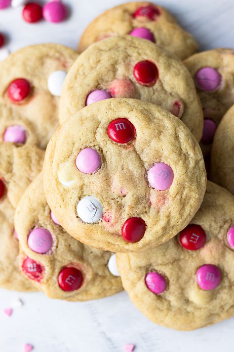 Soft M&M Cookies | Fork in the Kitchen Valentine's Goodies, Valentine's Desserts, Small Batch Cookie Recipe, Vday Party, Valentines Desserts, Small Batch Cookies, Valentines Treats, Kids Treats, Valentines Baking