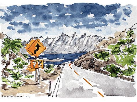 New Zealand Drawing, Lake Sketch, Drawing Road, Road Sketch, Yellow Road Signs, Road Drawing, New Zealand Mountains, Sea Drawing, Watercolour Wall