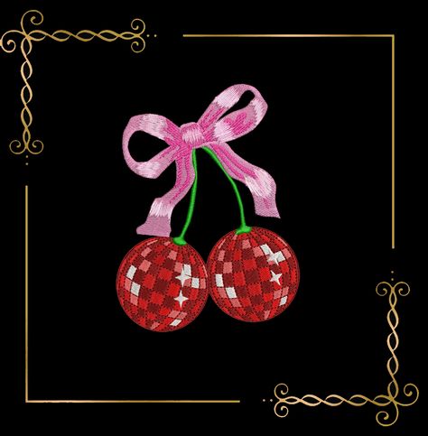 Cherries with a bow,  in the style of disco mirror ball  1 Sizes  embroidery design by Embroiderykarfiol on Etsy Disco Embroidery, Disco Mirror, Mirror Ball, Sew On Patches, Embroidery Machine, Embroidery Design, Machine Embroidery, Create Yourself, Digital Design