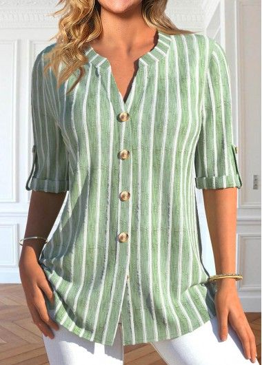 Blouse Designs Catalogue, Cheap Blouses, Half Sleeve Blouse, Women Shirts Blouse, Green Blouse, Striped Blouse, Women's Tops, Stripe Print, Shirt Online