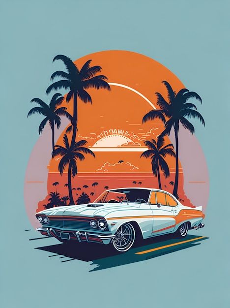 Vector a vintage car with a sunset in th... | Premium Vector #Freepik #vector #california #classic-car #retro-car #car-illustration California Background, Retro Car Illustration, Jack Pop, Vintage Car Illustration, Nike Drawing, California Illustration, Sunset Illustration, Retro Clipart, Procreate Ideas