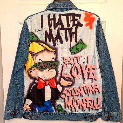 Richie Rich Graffiti Jean Jacket Graffiti Jean Jacket, Anaya Drawing, Graffiti Jacket, Graffiti Sketch, Jeans Art, Lined Flannel Shirt, Richie Rich, Painted Jacket, Carhartt Hoodie