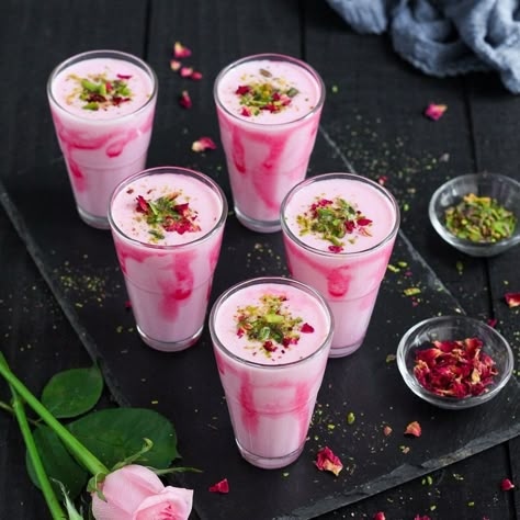 Rose Lassi Recipe Frothy Drinks, Rose Lassi, Doctor Study, Ramzan Recipes, Strawberry Lassi, Lassi Recipe, Rose Drink, Ramzan Recipe, Rose Syrup