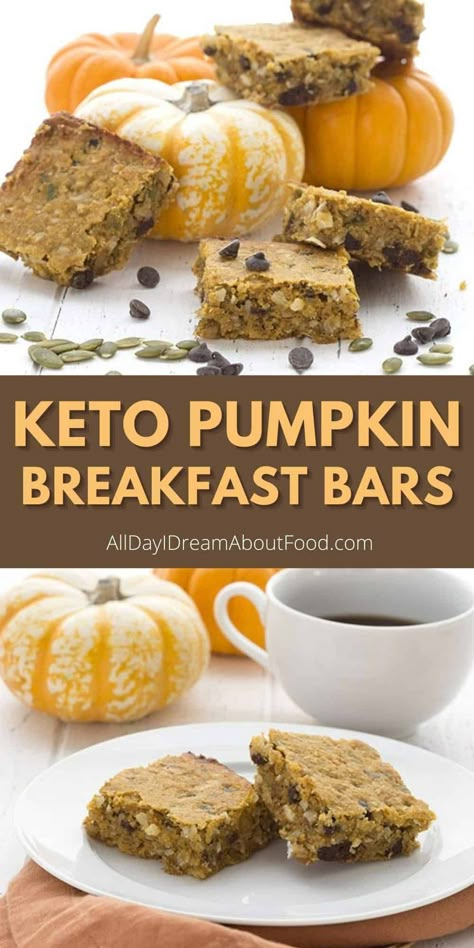 Keto Pumpkin Breakfast, Keto Breakfast Bars, Pumpkin Breakfast Bars, Chocolate Chip Breakfast Bars, Chocolate Chip Breakfast, Breakfast Bars Recipe, Oatmeal Breakfast Bars, Pumpkin Breakfast, Keto Bars