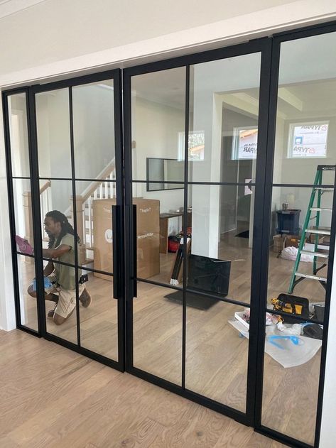 Indoor Glass Room Divider, Sliding Black Glass Doors, Large Glass Door, Modern Office Doors For Home, Glass Door Gym, Black Glass Office Doors, Pivot Doors Interior, Office With Glass Doors, Office Doors For Home