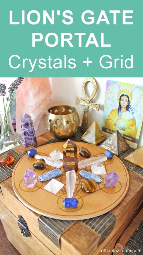 crystal grid with pyramids, ankh and oracle card Lions Gate Portal Crystals, Crystals For Lions Gate, Lions Gate Crystals, Lions Gate Portal 2023, Lightworker Spirituality, Cleansing Spells, Sacred Geometry Meanings, Altar Inspiration, Crystal Work