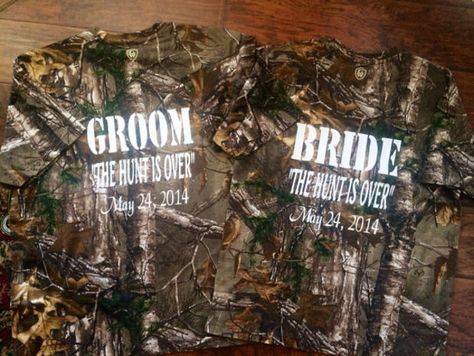 The Hunt Is Over Camo Couples Bride & Groom Shirts!!! | Hunting | Country Wedding | Live Love Hunt | Camo | Bride And Groom Shirts, Camo Wedding Cakes, Camo Wedding Dresses, Camouflage Wedding, Stag And Doe, Shotgun Wedding, Cowgirl Wedding, Groom Shirts, Wedding Party Shirts