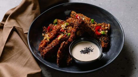 Panko eggplant chips & tahini sauce Panko Eggplant, Vegetarian Wellington, Eggplant Chips, Sbs Food, Tahini Sauce, All Vegetables, Food Shop, Everyday Food, Tahini