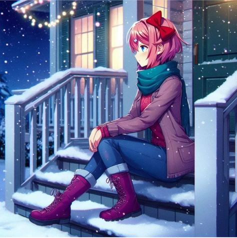 Doki Doki Literature Club Christmas, Ddlc Christmas Pfp, Ddlc Christmas, Sayori Ddlc Fanart, Doki Doki Literature Club Fanart, Sayori Wallpaper, Doki Doki Literature Club Natsuki, Sayori Fanart, Yippee Creature