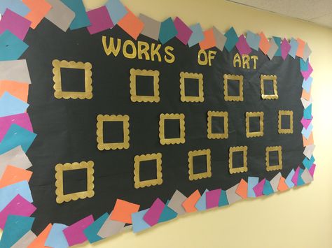 Works of Art bulletin board - made by me ☺️ Art Bulletin Board Sayings, Our Masterpieces Bulletin Board, Preschool Art Bulletin Board Display, Art Display Bulletin Boards Preschool, Diy Bulletin Board Border Ideas, Art Bulletin Boards Preschool, Preschool Art Bulletin Board, Preschool Artwork, Bulletin Board Sayings