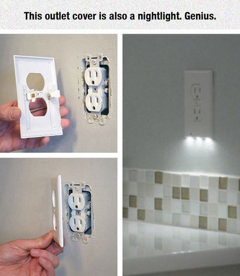 Outlet Cover With Nightlight! Genius! And you wouldn't lose an outlet to have a nightlight plugged in all the time! Where can I find one ;) Boys Bathroom, Big House, Outlet Cover, Light Switch Cover, Outlet Covers, Kids' Bathroom, Led Night Light, My Dream Home, Light Switch