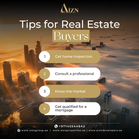 Here are tips for real estate buyers in Dubai!

📞 +971 455444842  
📧 info@aiznproperties.ae 
🌐 www.aiznproperties.ae

#AiznProperties #DubaiRealEstate #Investment101 #DowntownDubai #DubaiMarina #PalmJumeirah #LuxuryLiving #PropertyInvestment #DubaiHotspots #DreamHome #RealEstateTrends Investing In Real Estate, Real Estate Buyers, Dubai Real Estate, Palm Jumeirah, Home Inspection, Real Estate Tips, Investment Property, For Real, In Dubai