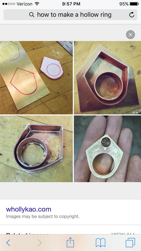 How to make a hollow  ring. - come di fa un anello cavo Hollow Ring Template, Ring Making Tools, Unique Brass Rings For Jewelry Making, Hollow Form Ring, Hollow Construction Ring, Hollow Form Jewelry, Hollow Ring Design, Hollow Ring, Silversmithing Jewelry