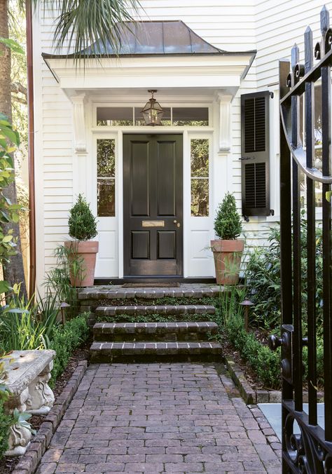 Past Perfected - Tour a century-old South of Broad charmer after a respectful renovation | Charleston SC | Charleston Magazine Colonial Fall Decor, Front Door Side Windows, Creative Garden Decor, Brick Steps, Door Awnings, Charleston Homes, Side Porch, Exterior Makeover, Street House