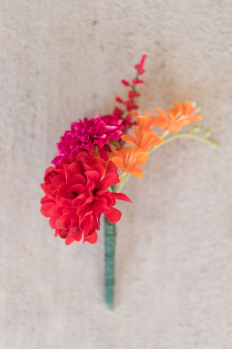 Bright Boutonniere Wedding, Bright Colored Boutonniere, Boutineer Ideas Colorful, Bright Flower Boutonniere, Prom Bouquet And Boutonniere, Colorful Groom Boutonniere, Colorful Wedding Boutonniere, Bougainvillea Boutonniere, Vibrant Boutonniere