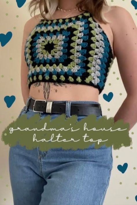 Crochet Inspo Aesthetic, Granny Square Halter Top, Square Halter Top, Crochet Top Granny Square, Aesthetic Crochet Top, Cute Crochet Top, Crochet Top Ideas, Aesthetic Crochet, Grandma's House