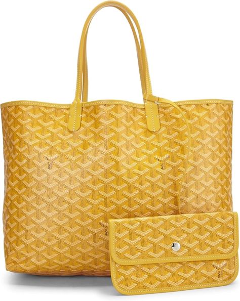 Classic Goyard Saint-Louis Tote rendered in yellow Goyardine coated canvas with leather trim and silver-tone hardware. The woven Goyardine canvas is made of the house's time-honored (and durable) blend of cotton, linen, and hemp. About the Saint-Louis: Few bags are more recognizable than Goyard's Saint-Louis tote. With its striking chevron canvas and minimalist design, it's no wonder that the tote is highly sought-after. Yellow Goyard, Womens Fasion, Goyard Bag, Luxury Store, Saint Louis, Perfect Gift For Her, Waterproof Fabric, Leather Trim, St Louis