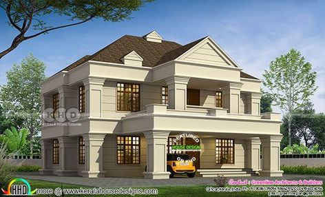 2945 sq-ft 5 BHK Colonial house plan 5 Bhk House Plan, Bedroom Colonial Style, Castle Layout, Colonial House Exteriors, Colonial Style House, Colonial Style House Plans, Colonial House Plans, Classical House, Kerala House Design