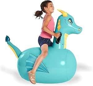 Hearthsong Hop 'n Go Inflatable Ride-On Bouncer, 48" L x 20" W x 36" H, Ergonomic Side Handles, Heavy Duty Vinyl, Ages 5 and Up (Dragon - Single) Inflatable Bouncers, Kids Gift Guide, All Toys, Good Customer Service, Outdoor Play, Toys Shop, Baby Care, Pharmacy Gifts, Games For Kids