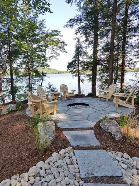 Cottage Fire Pit, Lake House Backyard, Muskoka Cottages, Lake Patio, Lake Landscaping, Rv Patio, Cottage Backyard, Muskoka Cottage, Rustic Lake Houses