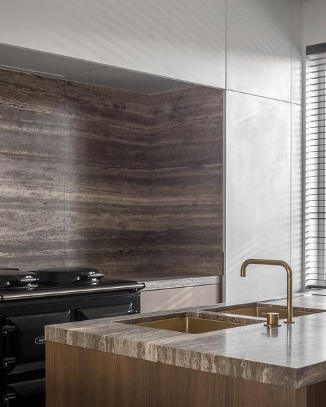 Dark Travertine, Travertine Kitchen, Stone Gallery, Greyish Brown, Stone Feature, Natural Stone Tile, Light And Dark, Stone Tiles, Modern Kitchen