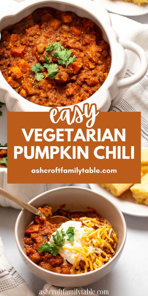 Pinterest graphic with photo collage of chili and text that reads "easy vegetarian pumpkin chili." Vegetarian Pumpkin Chili, Comforting Recipes, Butternut Squash Sweet, Pumpkin Chili Recipe, Butternut Squash Chili, Vegetarian Chili Recipe, Cubed Sweet Potatoes, Traditional Chili, Vegetarian Soup Recipes