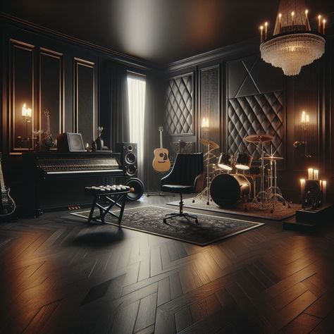 Luxury Music Room, Black Luxury House, London Hampstead, Music Recording Studio, Luxury Mansions, Music Recording, Dark House, Home Studio Music, Black Room