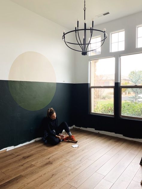 Painted Circles On Wall, Circle On Wall Painting, Half Painted Wall Office, Half And Half Wall Paint, Circle Wall Paint, Half Painted Room, Painting Half Wall Ideas, Painted Wall Art Ideas, Painted Circle On Wall