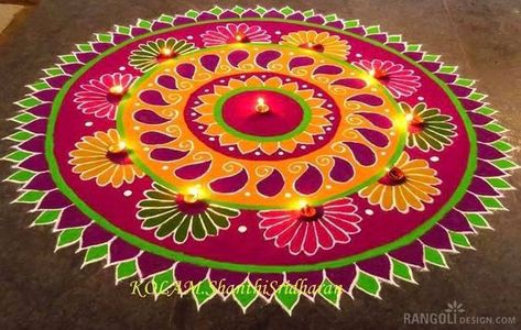 diwali kolam rangoli design shanthi sridharan Colour Full Rangoli Design, Colour Rangoli, Rangoli Designs For Competition, Indian Rangoli Designs, Rangoli Diwali, Rangoli Designs Simple Diwali, Alpona Design, India Trip, Rangoli Simple