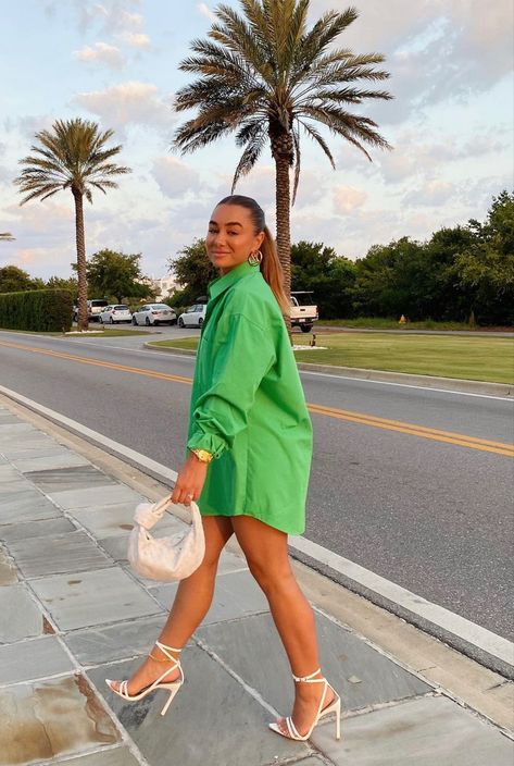 Oversized Green Button Down. Shirt as a dress. Lace up heels. Summer outfit. Spring outfit. Summer Outfit. Green aesthetic. Vacation aesthetic. Effortless outfit. Tomboy elegant style. @jujhavens Julia Havens, Oversized Shirt Outfit, Shirt Dress Outfit, Chique Outfits, Heels Outfits, The Law Of Attraction, Dinner Tonight, Looks Style, Spring Summer Outfits