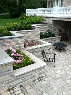 Walkout Basement Patio, Sunken Patio, Sloped Backyard, Landscaping Retaining Walls, Stone Walls, Retaining Walls, Yard Design, Concrete Patio, Backyard Patio Designs