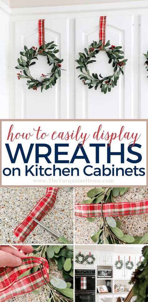 Little Wreaths On Cabinets, Kitchen Christmas Decorations Cabinets Diy, Pantry Wreath Ideas, Cabinet Door Wreaths Christmas, Christmas Cabinet Ideas, Kitchen Cupboard Christmas Wreaths, Wreath For Cabinet Doors, Diy Kitchen Christmas Decor, Cabinet Decorating Ideas For Christmas