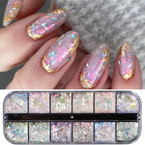 Glitter Flake Nails, Opal Nail Designs, Beachy Nail Designs, Glitter Nail Ideas, Iridescent Nails, Round Nail Designs, Nail Flakes, Stiletto Nail Designs, Unicorn Nail Art