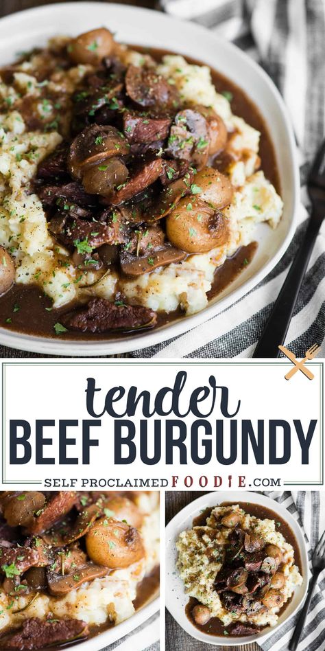 Beef Burgundy is an easy dinner recipe that can be made in the slow cooker, an Instant Pot, or on the stovetop. This red wine french stew is the best! Red Wine Stew, French Stew, Beef Burgundy Recipe, Beef Burgundy, Beef Tip Recipes, Pearl Onions, Easy Dinner Recipe, Beef Tips, Tender Beef