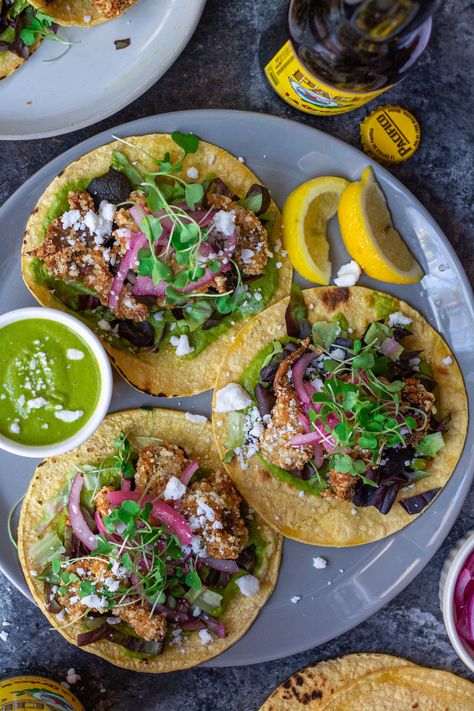 Crispy Parmesan-Crusted Mushroom Tacos - Eat Figs, Not Pigs Mushroom Arugula, Vegan Crab Cakes, Vegetarian Substitutes, Vegan Crab, Mushroom Tacos, Asada Tacos, Arugula Pesto, Gluten Free Bread Crumbs, Vegan Parmesan Cheese