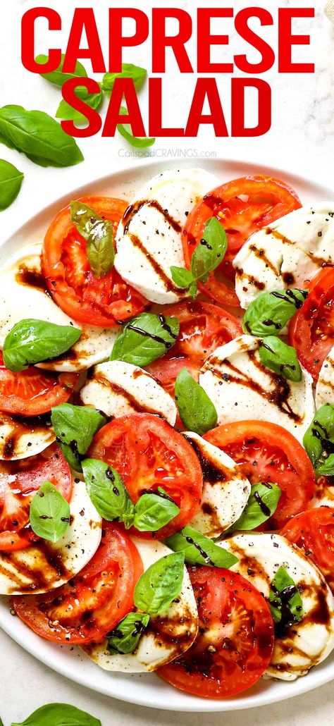 Indulge in the juicy, creamy, refreshing elegance of Caprese Salad at home without the high restaurant prices!  This recipe is guaranteed to be a hit as an appetizer, side dish, or even a light main course! #healthy #healthyeating #healthyrecipe #healthyrecipes #salad #saladrecipe #saladrecipes #caprese #capresesalad #mozzarella #mozzarelladibufala #balsamicglaze #balsamicreduction #tomatosalad Calabrese Salad Recipes, Dressing For Caprese Salad, Calabrese Salad, Best Caprese Salad, Easy Caprese Salad, Tomato Caprese Salad, Salad At Home, Cravings Recipes, Tomato Caprese