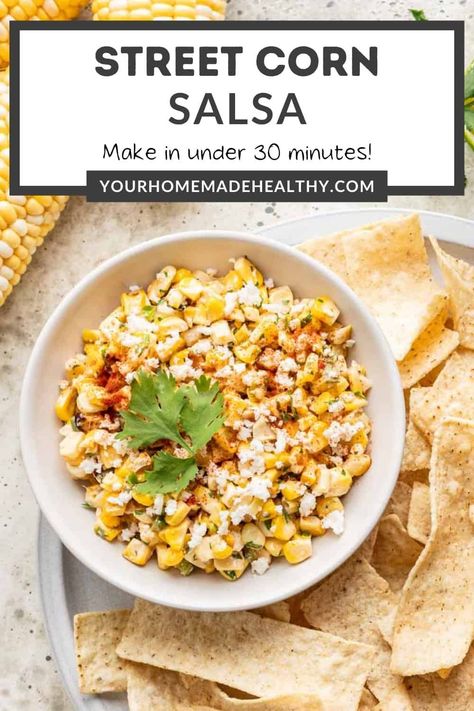 Dig into this Street Corn Salsa! It's the perfect dip for game days and tailgates, potlucks, and summer barbecues. Serve it with a side of tortilla chips or on top of grilled chicken in just about 30 minutes. Street Corn Salsa, Healthy Tortilla Chips, Healthy Tailgate, Tailgate Sides, Chip Dips, Healthy Dip Recipes, Dip For Tortilla Chips, Healthy Tortilla, Tortilla Chip