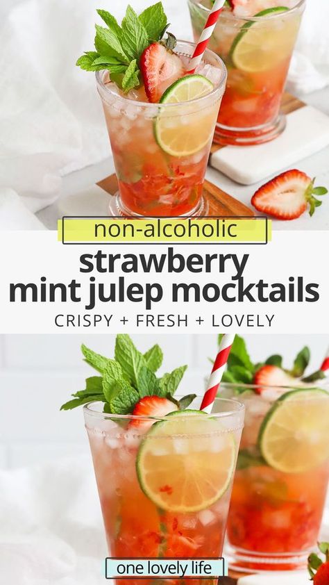 Mocktail Drinks, Mint Juleps, Alcohol Free Drinks, Drink Recipes Nonalcoholic, Strawberry Mint, Kentucky Derby Party, Fancy Drinks, Mocktail Recipe, Derby Party