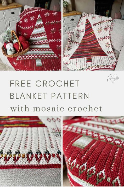 Knit Christmas Blanket Free Pattern, Gnome Crochet Blanket Pattern Free, Free Crochet Christmas Blanket Patterns, Mosaic Crochet Patterns Free Tutorial, Free Christmas Crochet Afghan Patterns, Crochet Christmas Tree Blanket, Christmas Crochet Afghan Patterns Free, Crochet Nordic Pattern, Knit Christmas Blanket