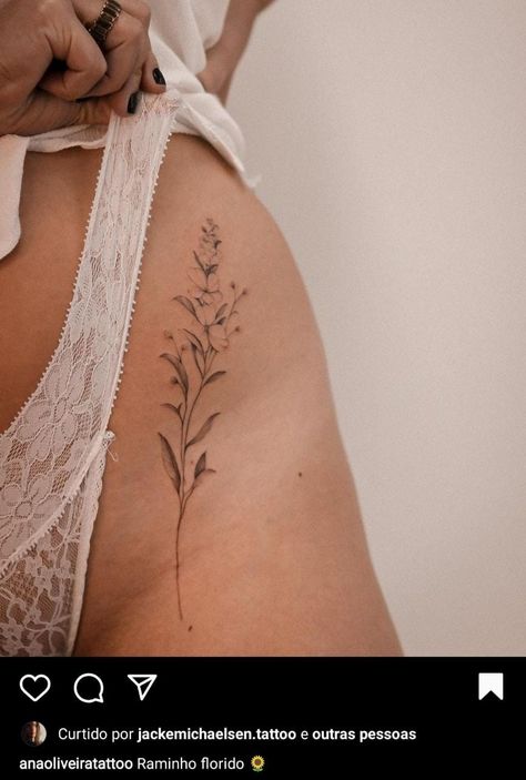 Hip Surgery Tattoo Cover Up, Fine Line Flower Tattoo Thigh, Dainty Floral Hip Tattoo, Small Floral Hip Tattoo, Plant Hip Tattoo, Fineline Hip Tattoo, Fine Line Hip Tattoos Women, Fine Line Thigh Tattoos Women, Fine Line Thigh Tattoo