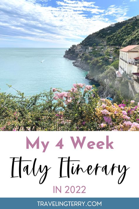 image shows a coastline with pink flowers, blue water, and steep rocky terrain along the water 4 Weeks In Italy, 4 Week Italy Itinerary, Three Week Italy Itinerary, 3 Weeks In Italy Itinerary, 3 Week Italy Itinerary, 1 Month In Italy, Italy Itinerary 1 Month, Interrail Map, Italy Road Trip Itinerary