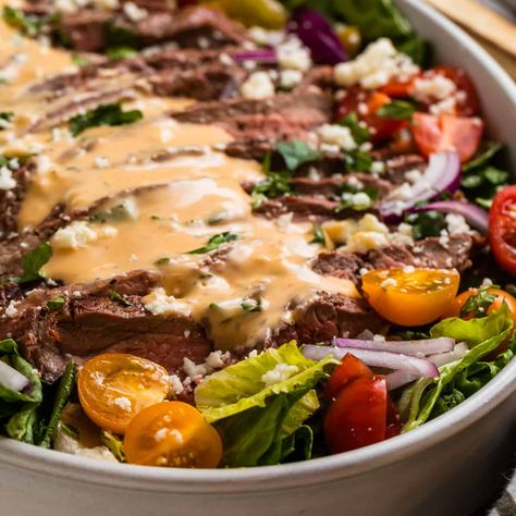 Parmesan Crusted Steak, Flank Steak Salad, Steak Grilled, Flavored Olive Oil, Grilled Flank Steak, Sliced Steak, Romaine Lettuce Salad, Marinated Steak, Steak Salad