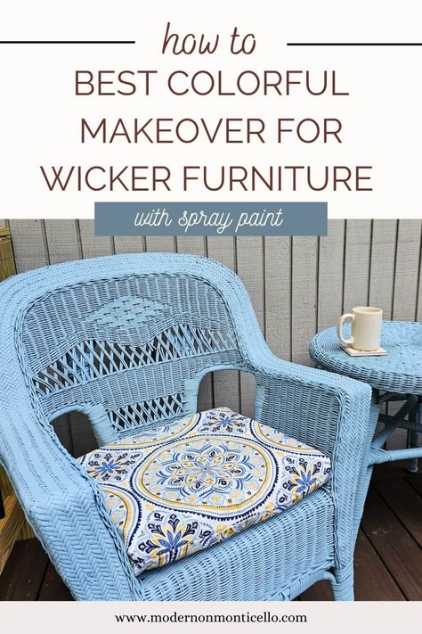 Best Colorful Makeover For Wicker Furniture with Spray Paint - Modern on Monticello Rattan Furniture Makeover, Spray Paint Wicker, Wicker Porch Furniture, Wicker Furniture Makeover, Resin Wicker Furniture, Painting Wicker Furniture, Old Wicker, Shabby Chic Decor Diy, Diy Projects Gifts