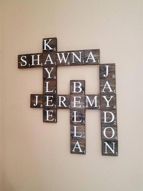 wall decor design #WallDécorTips Scrabble Wall Decor, Scrabble Wall Art, Scrabble Wall, Name Wall Decor, Family Wall Decor, Tile Wall Art, Unique Farmhouse, Disney Home Decor, Dark Walnut Stain