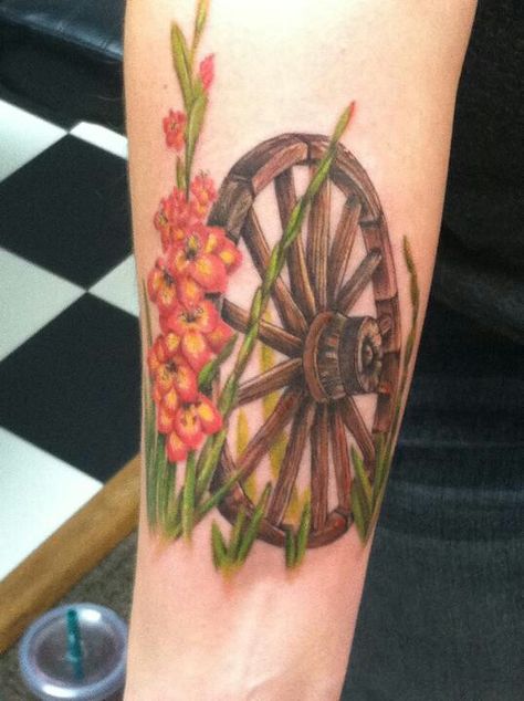 My sisters tattoo. Wagon wheel for Grandpa A. and glads for Grandpa C. Wagon Wheel Tattoo, Farmer Tattoo Ideas, Farmer Tattoo, Windmill Tattoo, Windmill Drawing, Country Drawings, Tattoo Horse, Wheel Tattoo, Sisters Tattoo